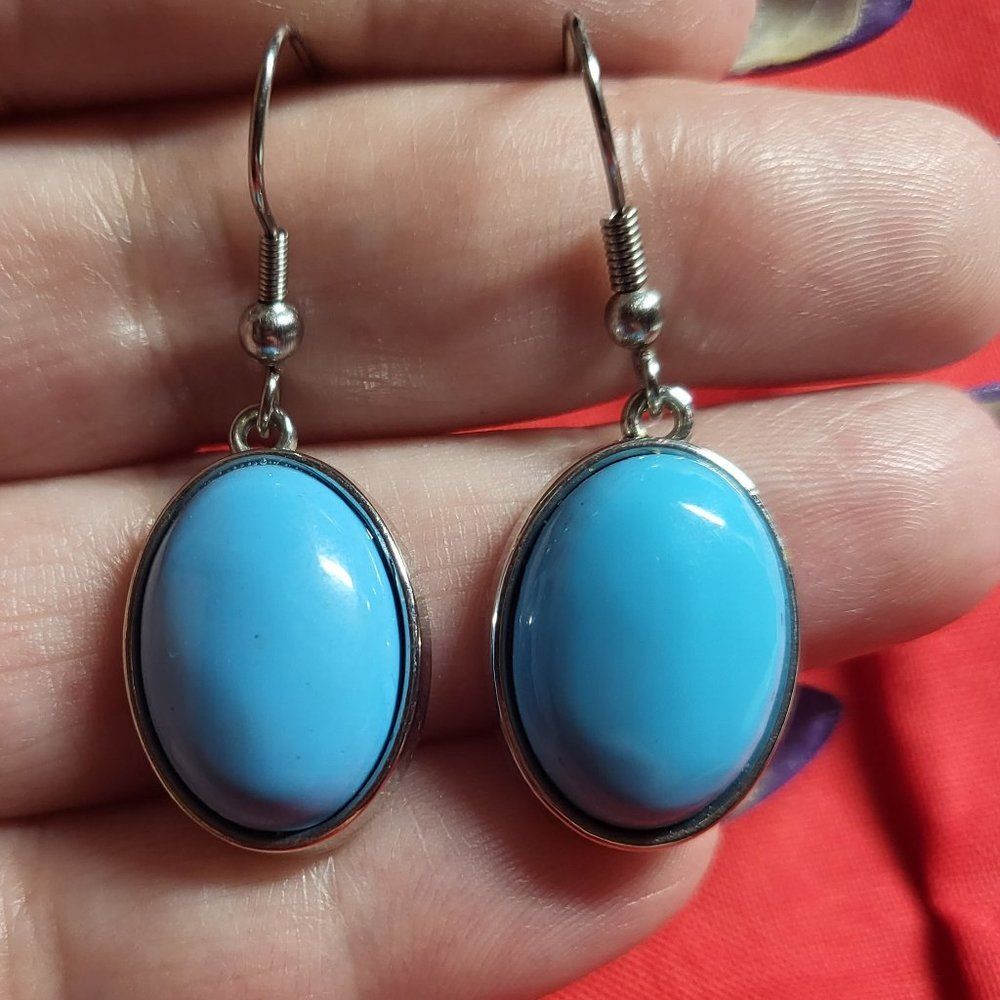Faux "Sleeping Beauty" Turquoise Acrylic Cabochon Dangle Earrings